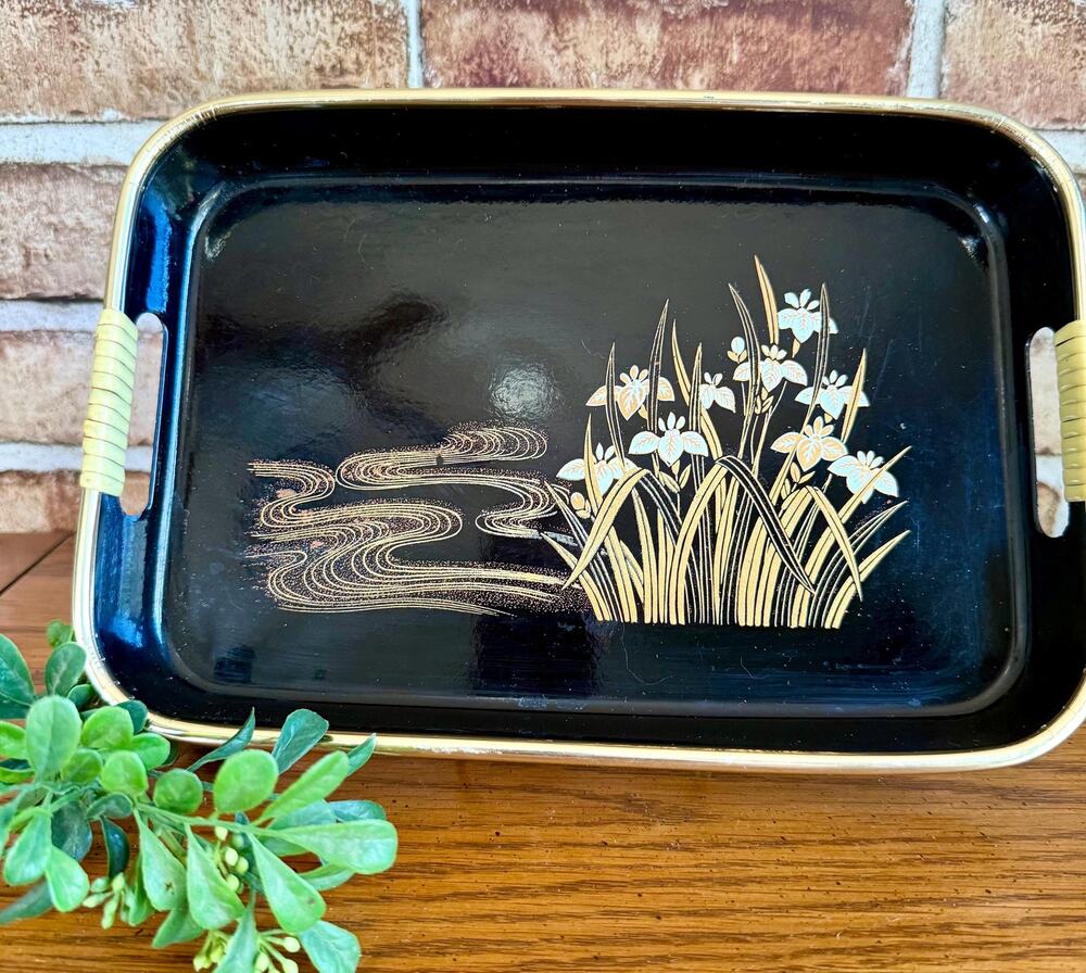 Vintage Japanese Lacquer Tray | Mid-Century Black & Gold